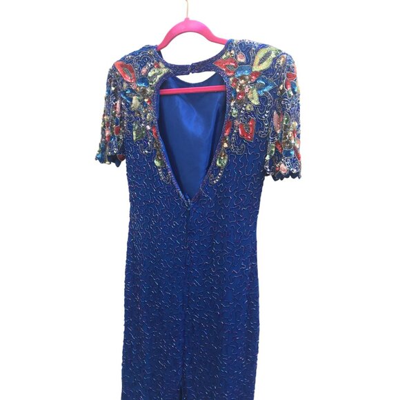 Vintage Swee Lo Royal Blue Sequin Beaded Silk Dress | XS/Small | 80s Cocktail Go - Picture 5 of 10